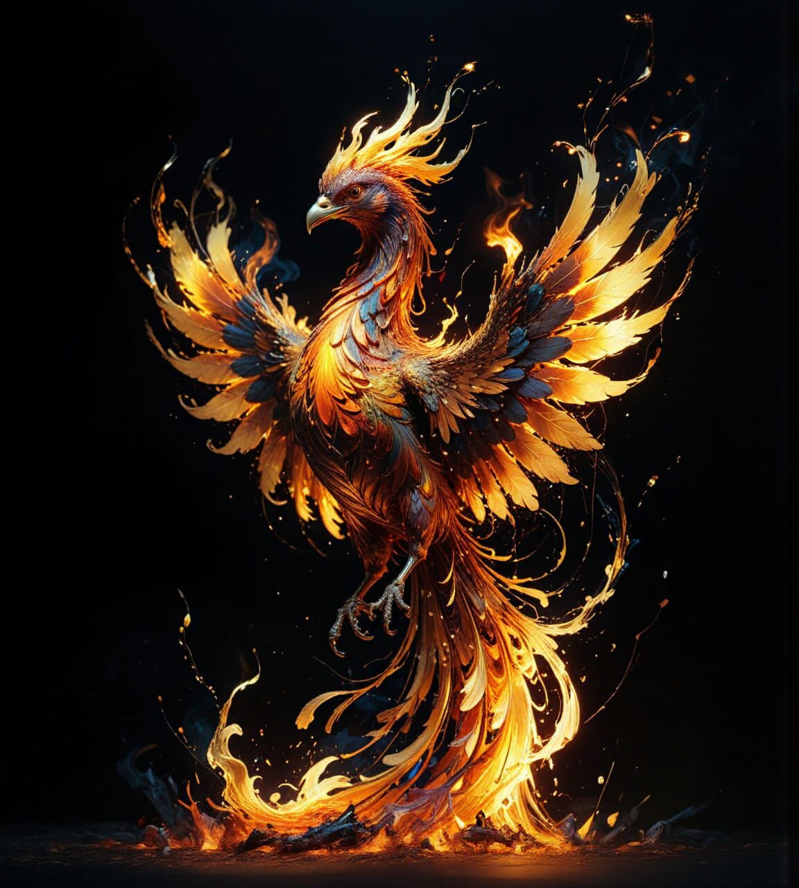 A majestic phoenix made of flowing fire and golden light,