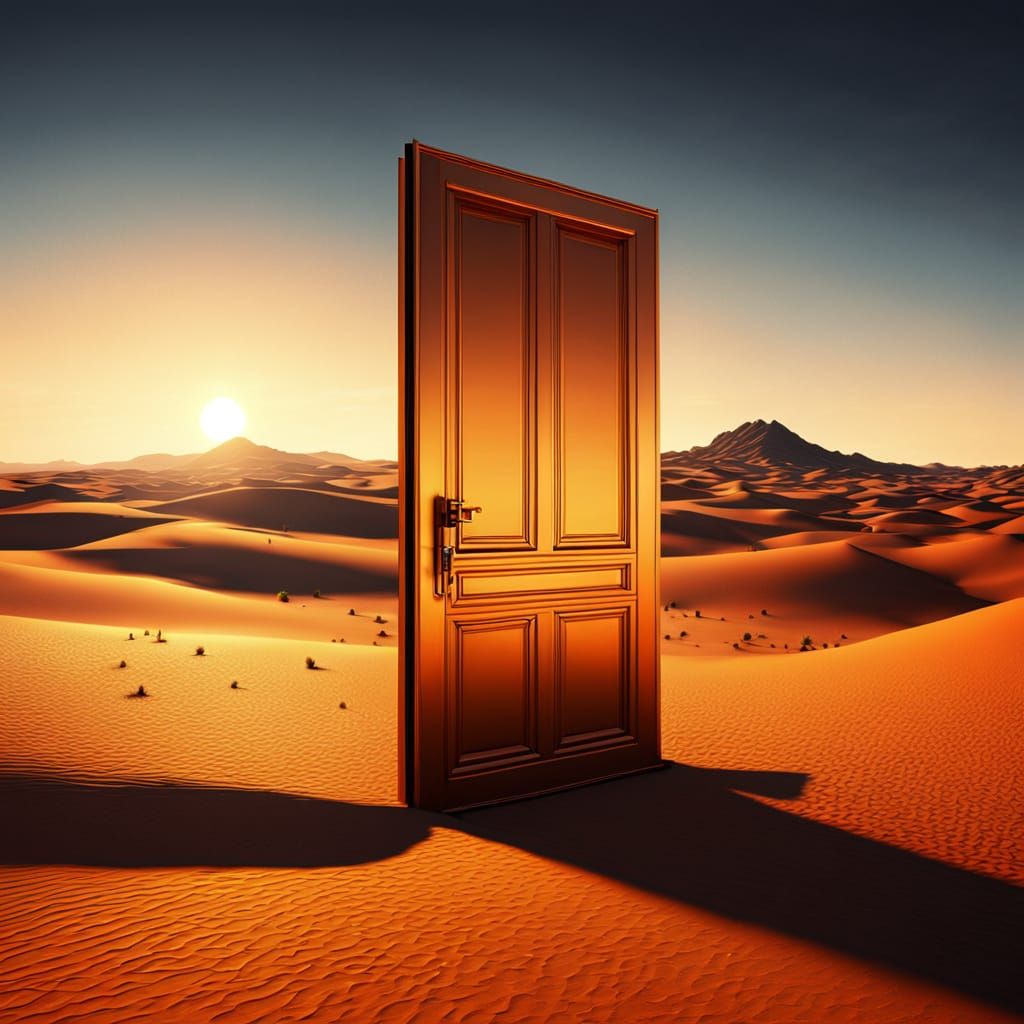 Surreal Glowing Door in Desert Landscape