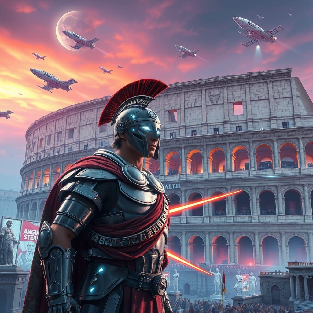 Futuristic Roman Gladiator in Cyberpunk Colosseum