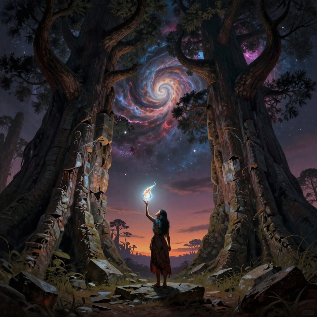 Indigenous Woman Finds Glowing Artifact Under Nebula Sky