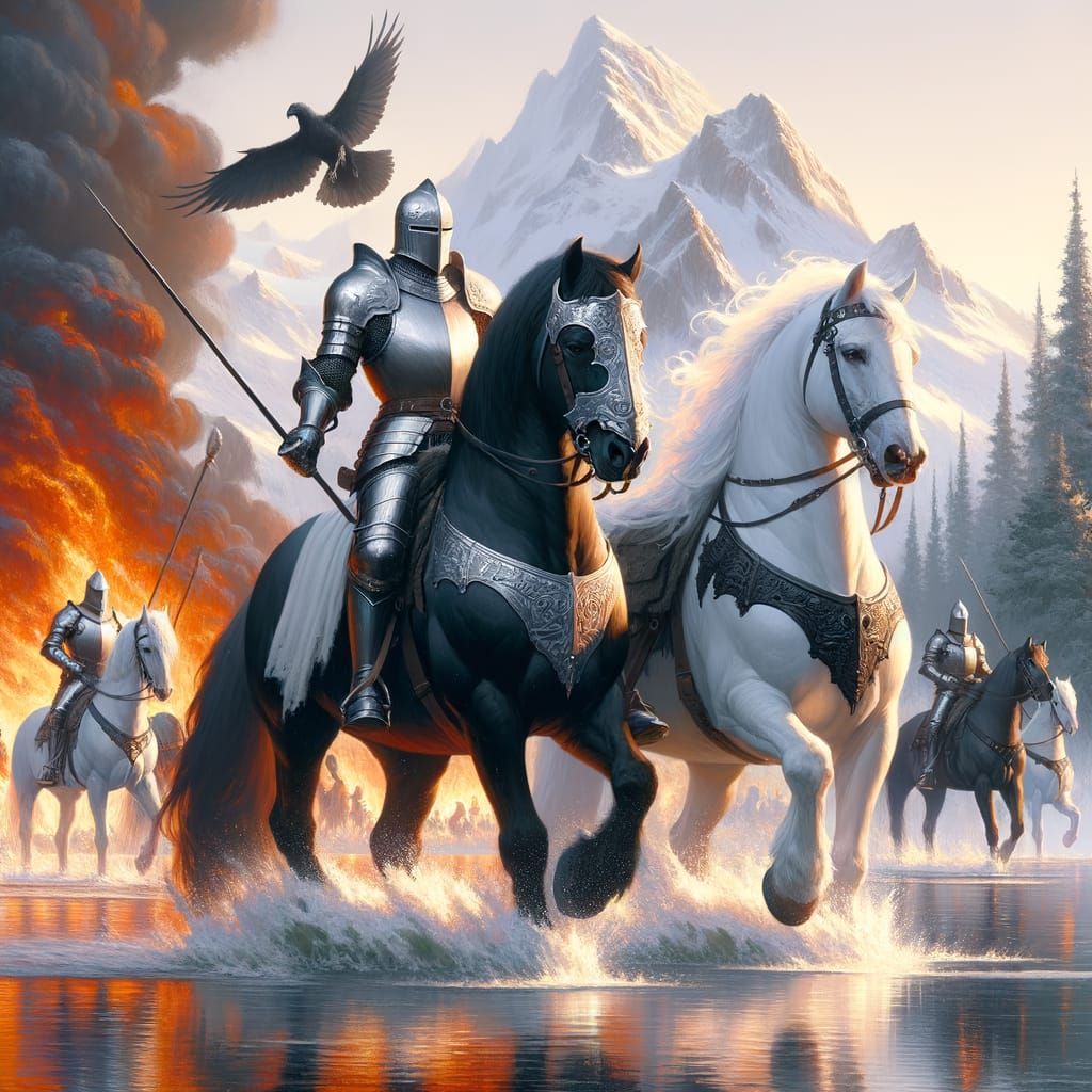 Knights on Horseback by Flaming Lake in Matte Painting Style