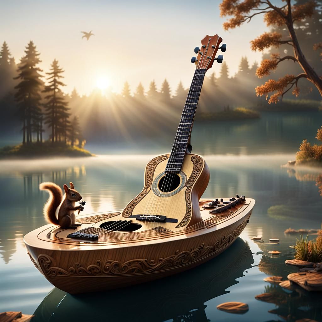 boat made from a a guitar squirrels inside music instruments...