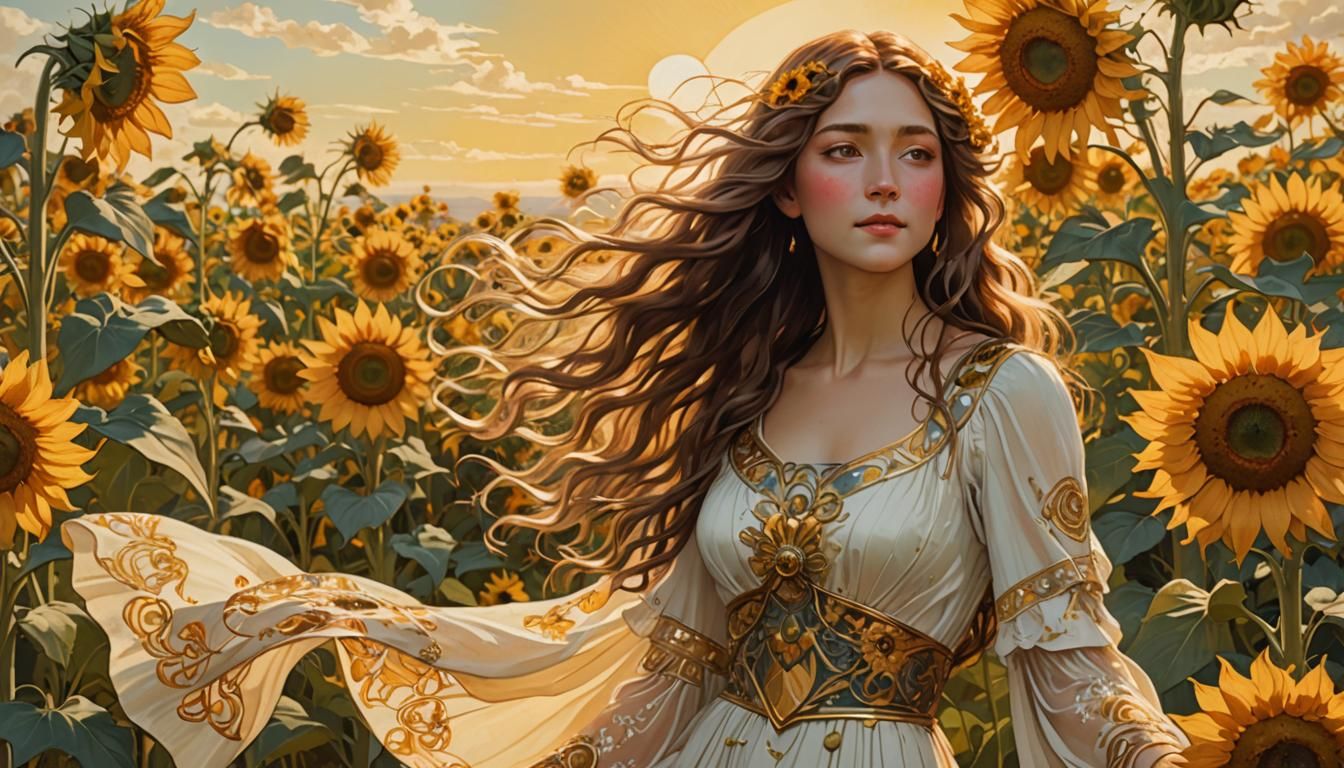Woman in Sunflower Field: Art Nouveau Style