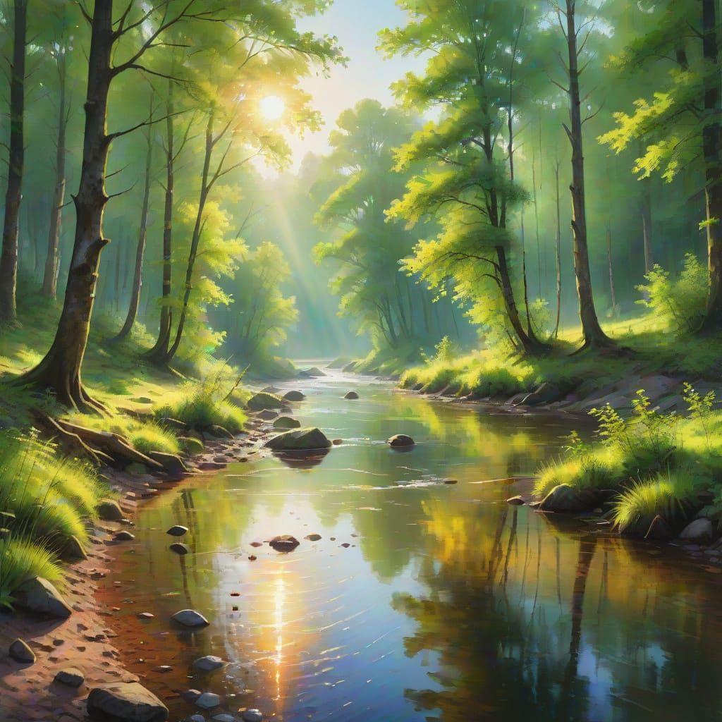 Serene Forest River Landscape in Oil Painting Style