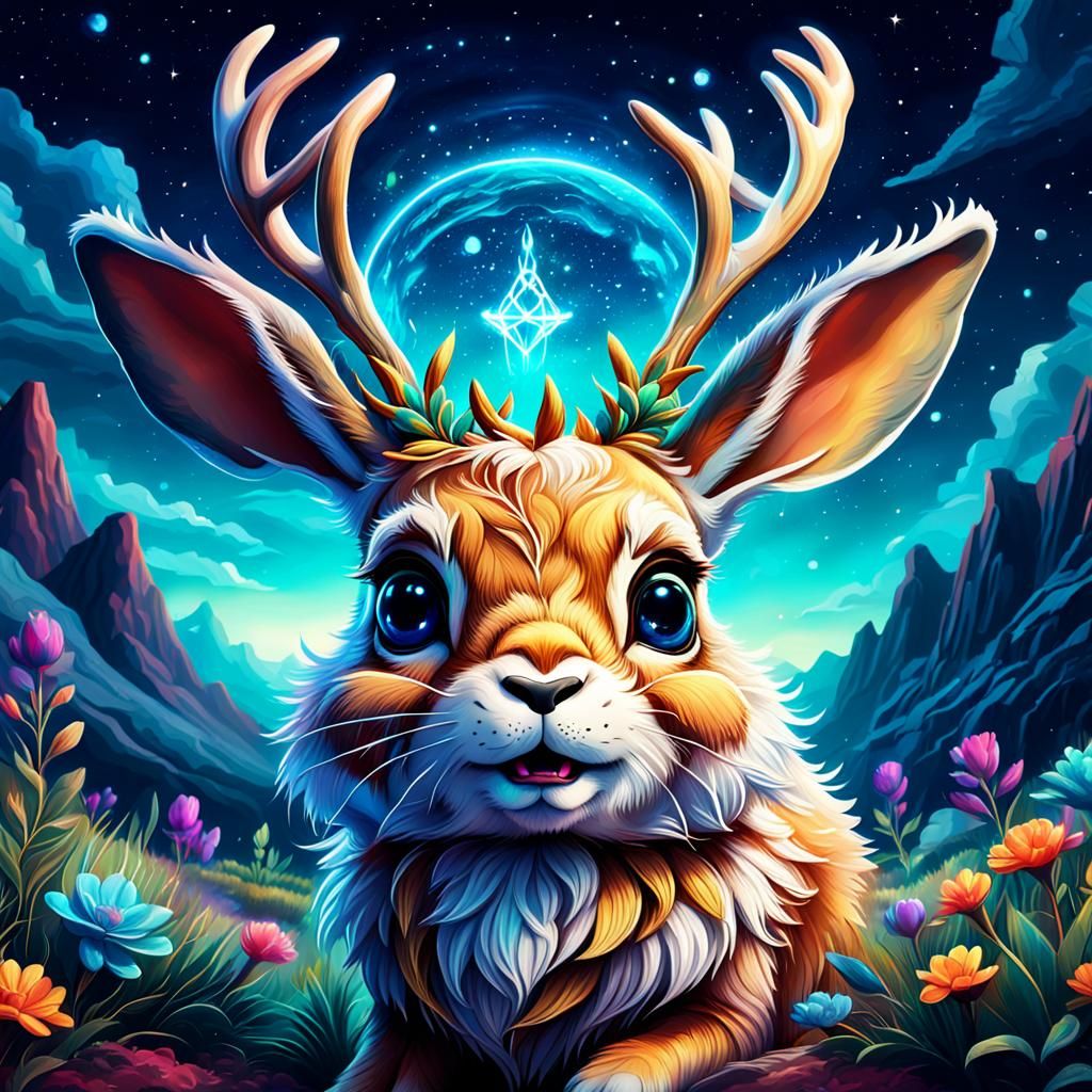 Joyful Jackalope in Detailed Cosmic Illustration