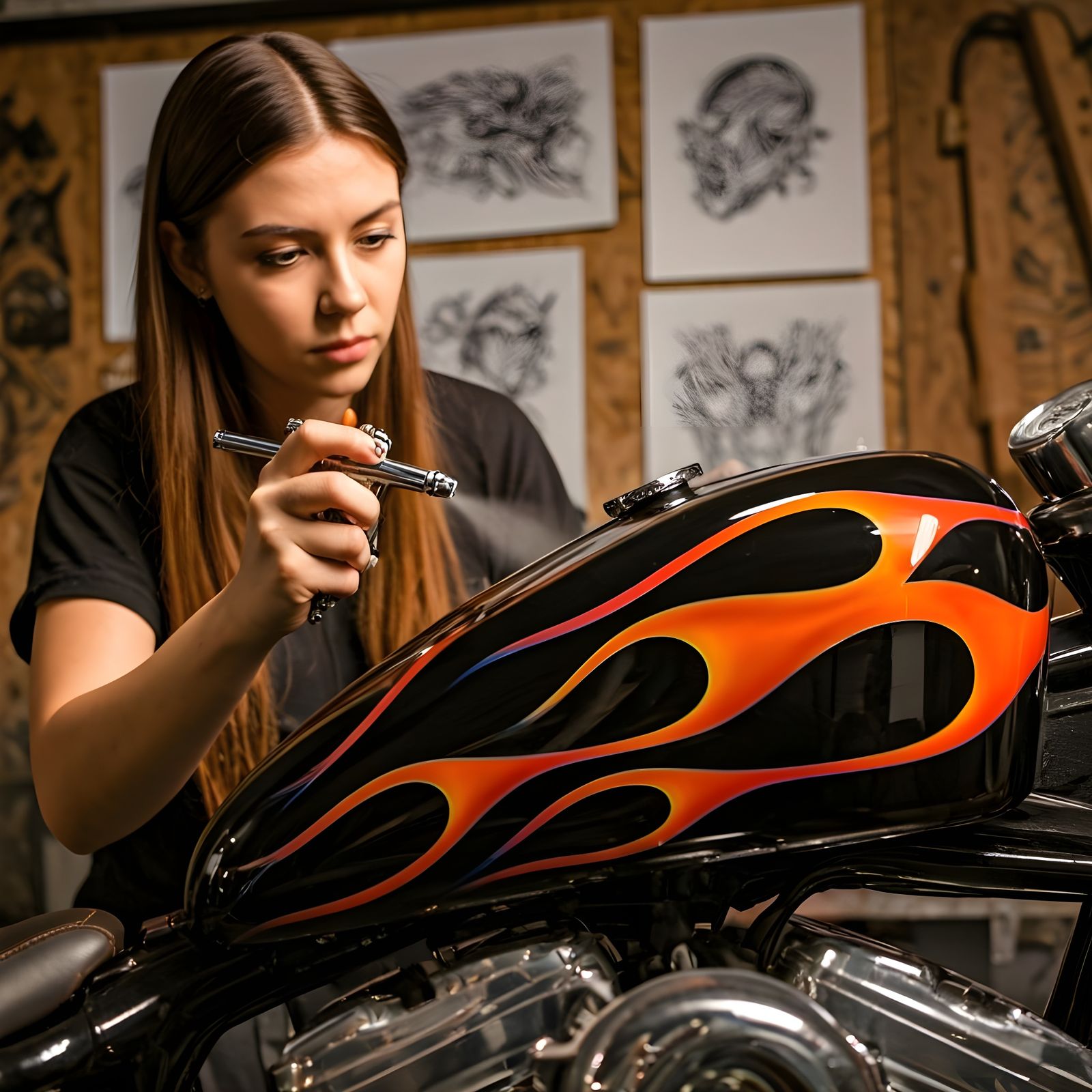 Airbrush Artist Creates Fiery Motorcycle Art