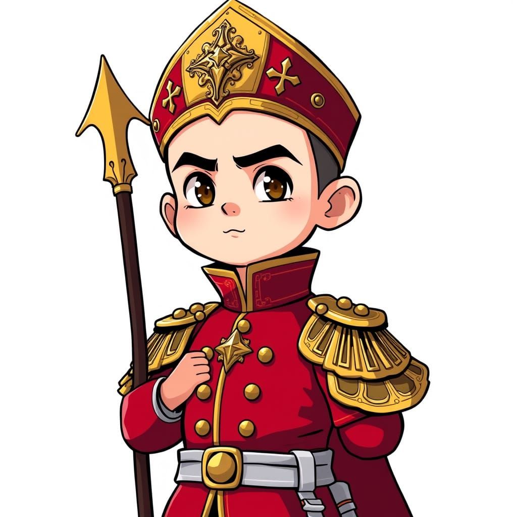 Chibi Warrior Pope in Crimson Military Jacket