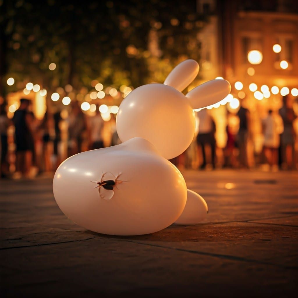 Vibrant Street Party Scene with Deflated Balloon Bunny
