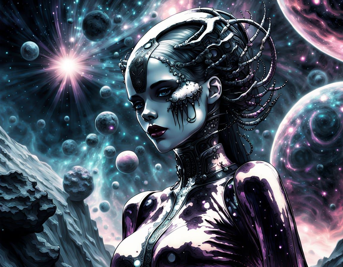 Luxury Fashion Cyborg Gazing at Nebula in Space