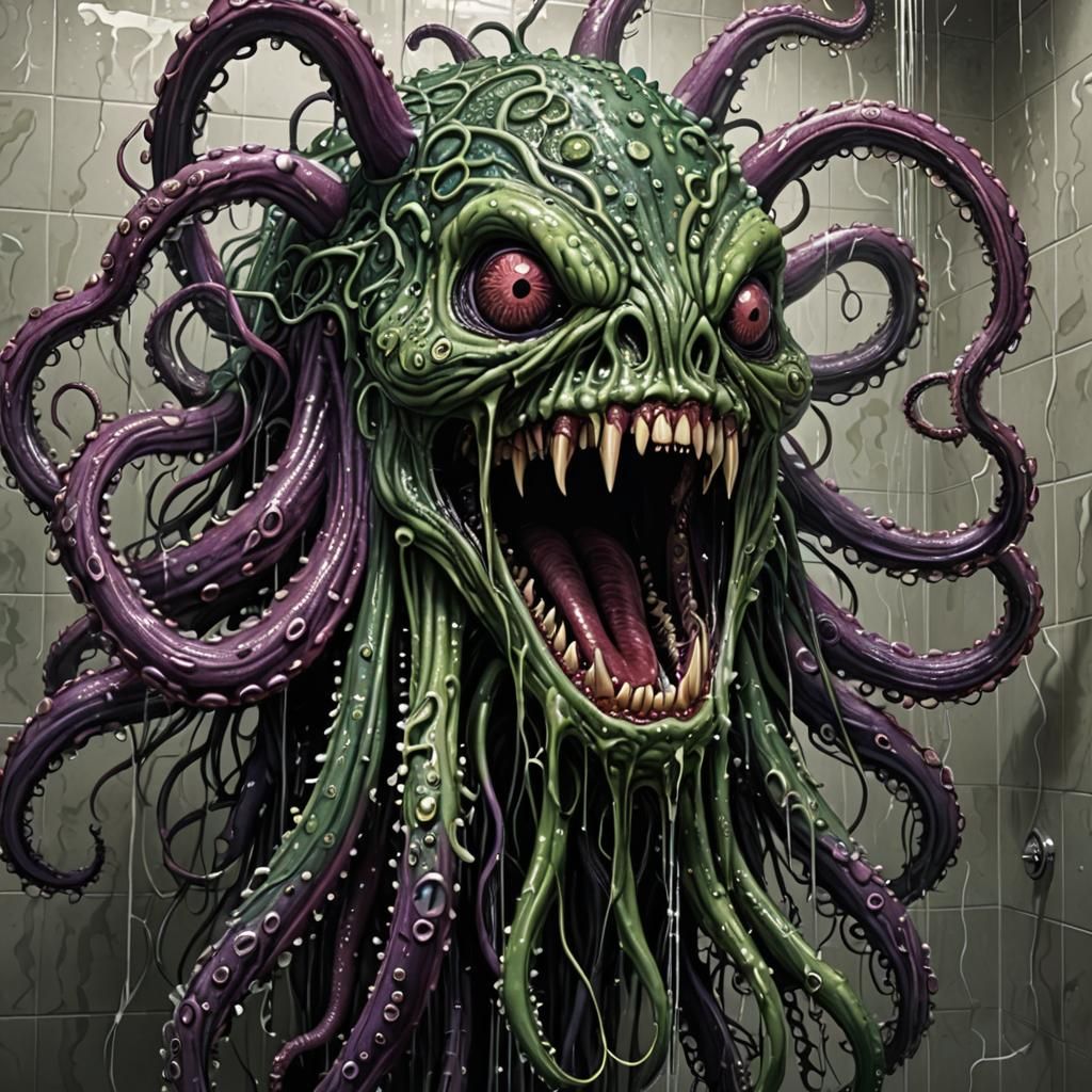 wet screaming tentacle monster surprised in shower - 2
