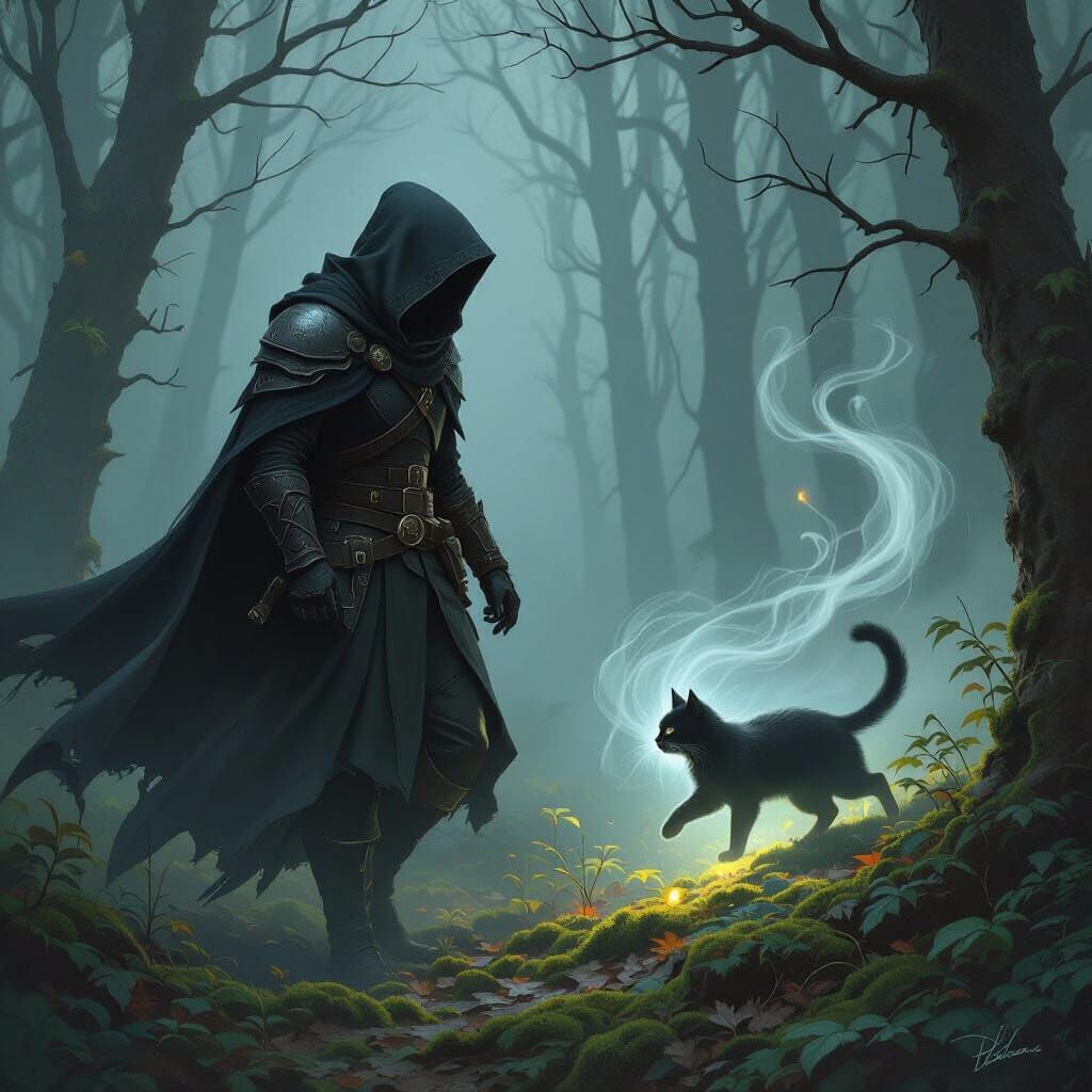 Rogue in Misty Forest with Cat Silhouette