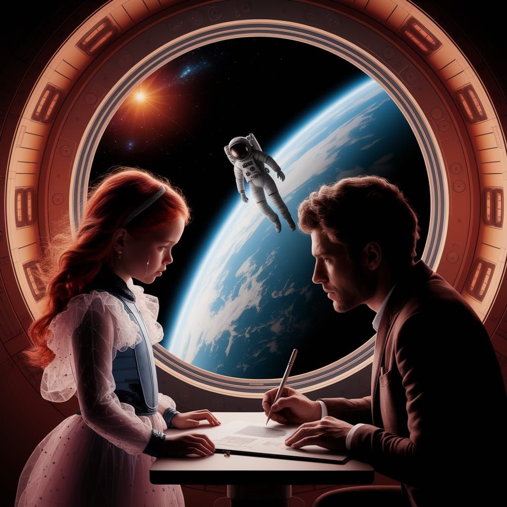 Girl Cries in Spaceship Looking at Cosmic Void