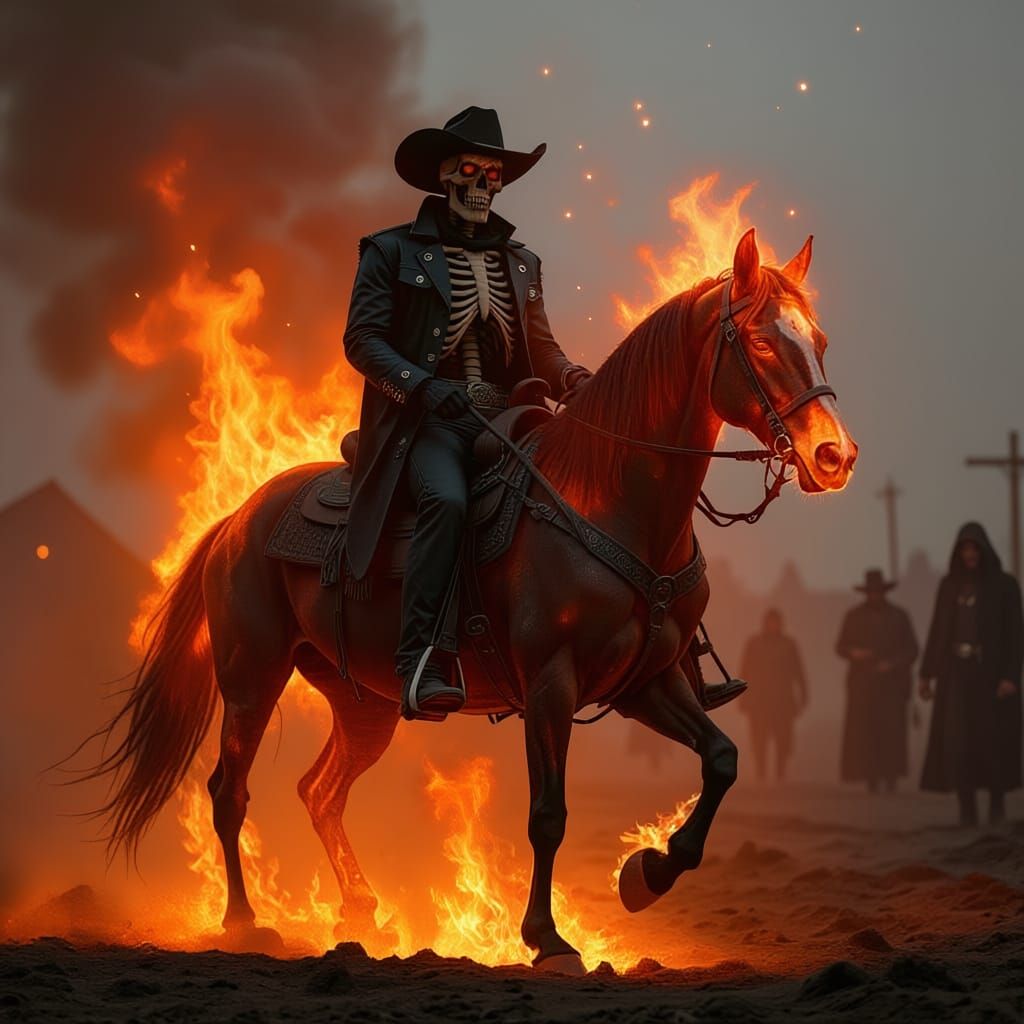Burning Cowboy Skeleton Rider on Fiery Steed
