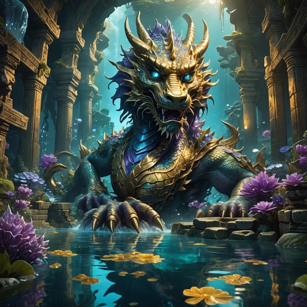 Crystal Dragon in Sunken Temple, Fantasy Concept Art