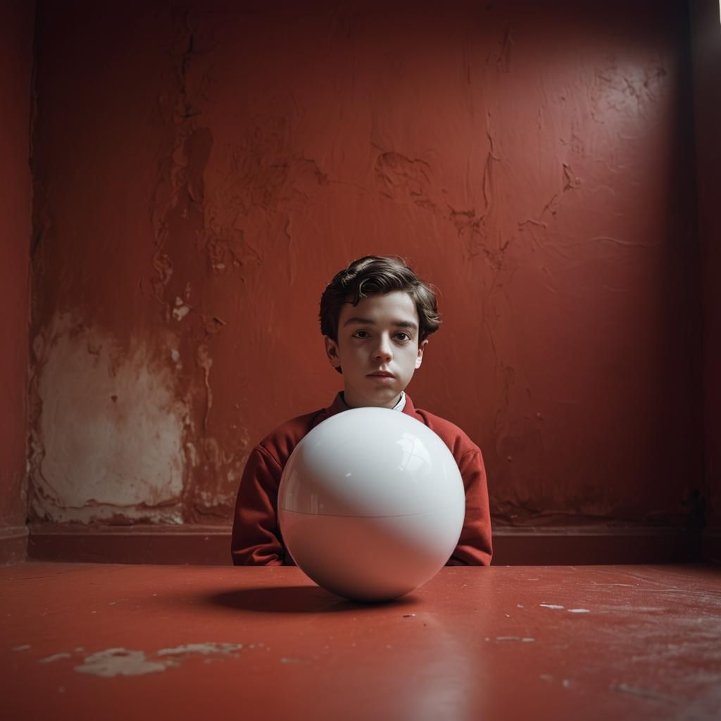Minimalist Sphere in Empty Red Room, Surreal Portrait