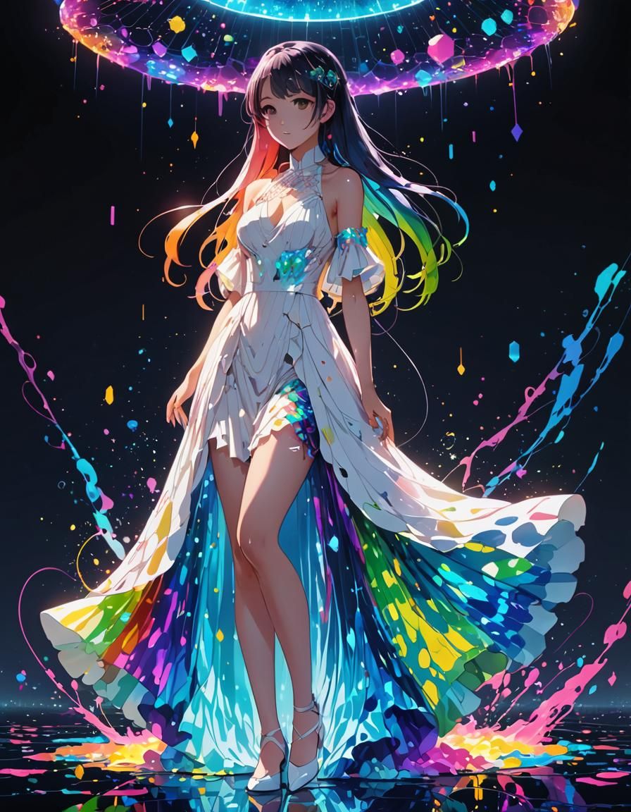 Rainbow Ink Dress in Cel-Shaded Anime Style