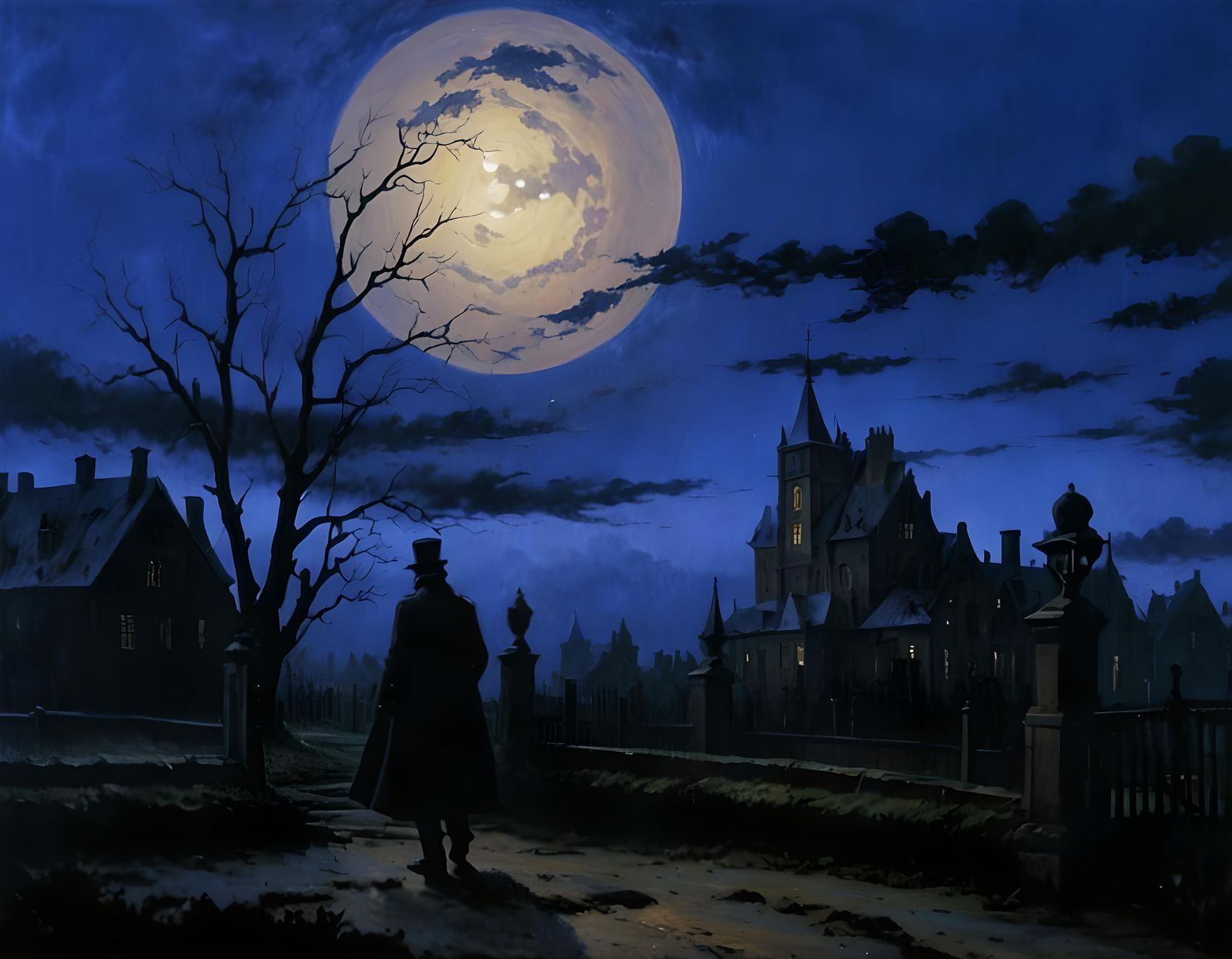 Creepy Gothic Asylum Painting on Stormy Night