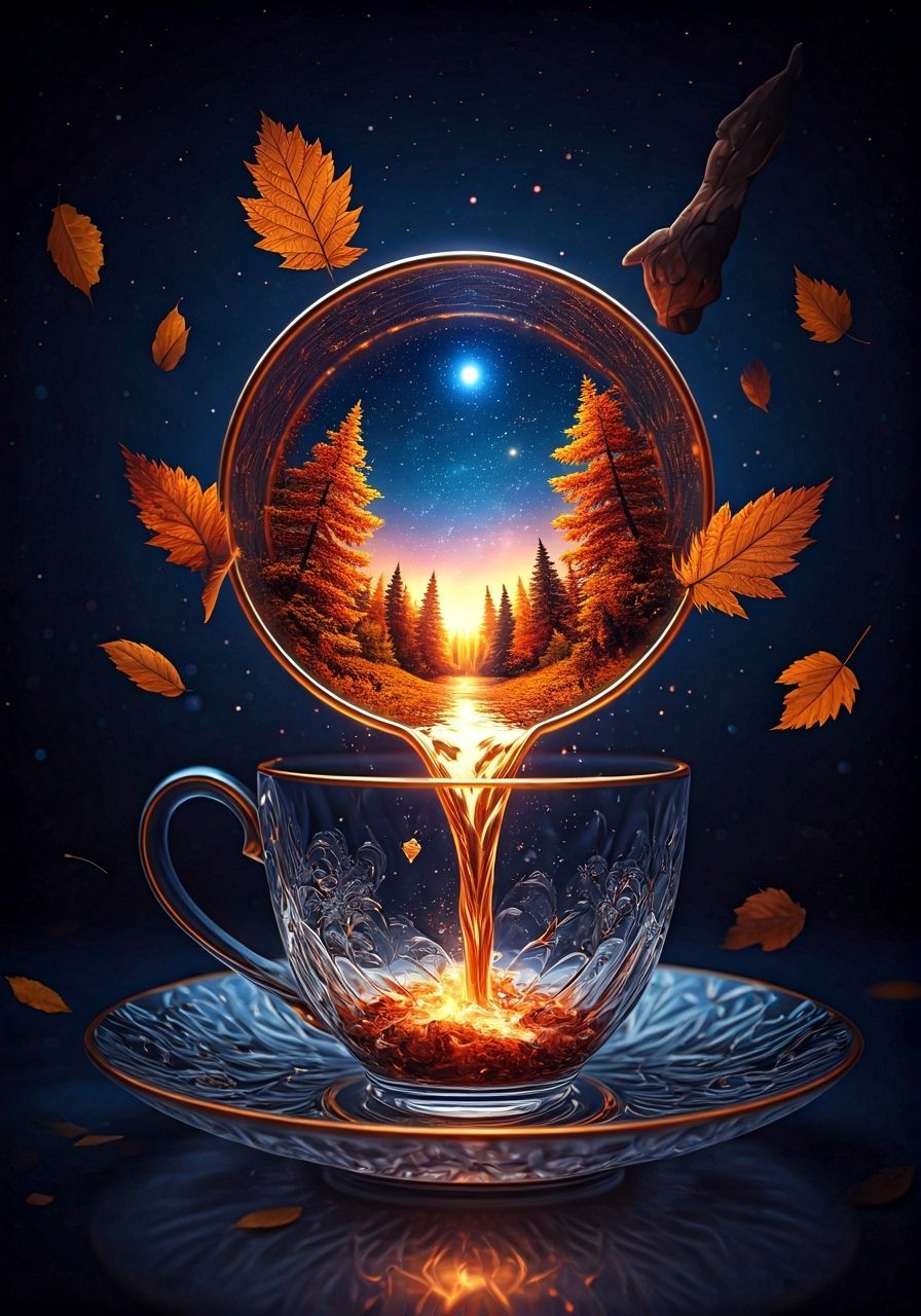 Starlit Autumn Landscape Pouring From Crystal Teacup