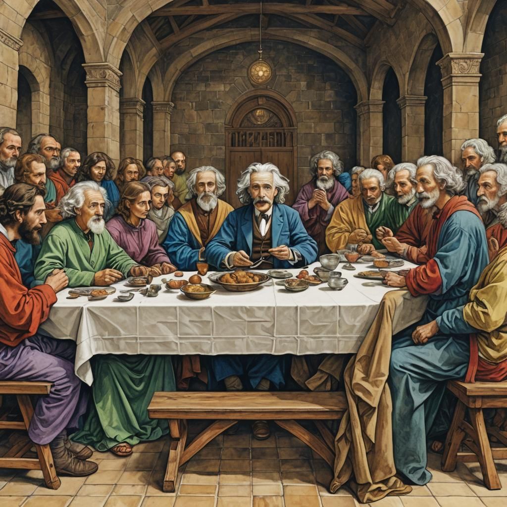 Einstein's Last Supper: A Da Vinci-Inspired Ink Drawing