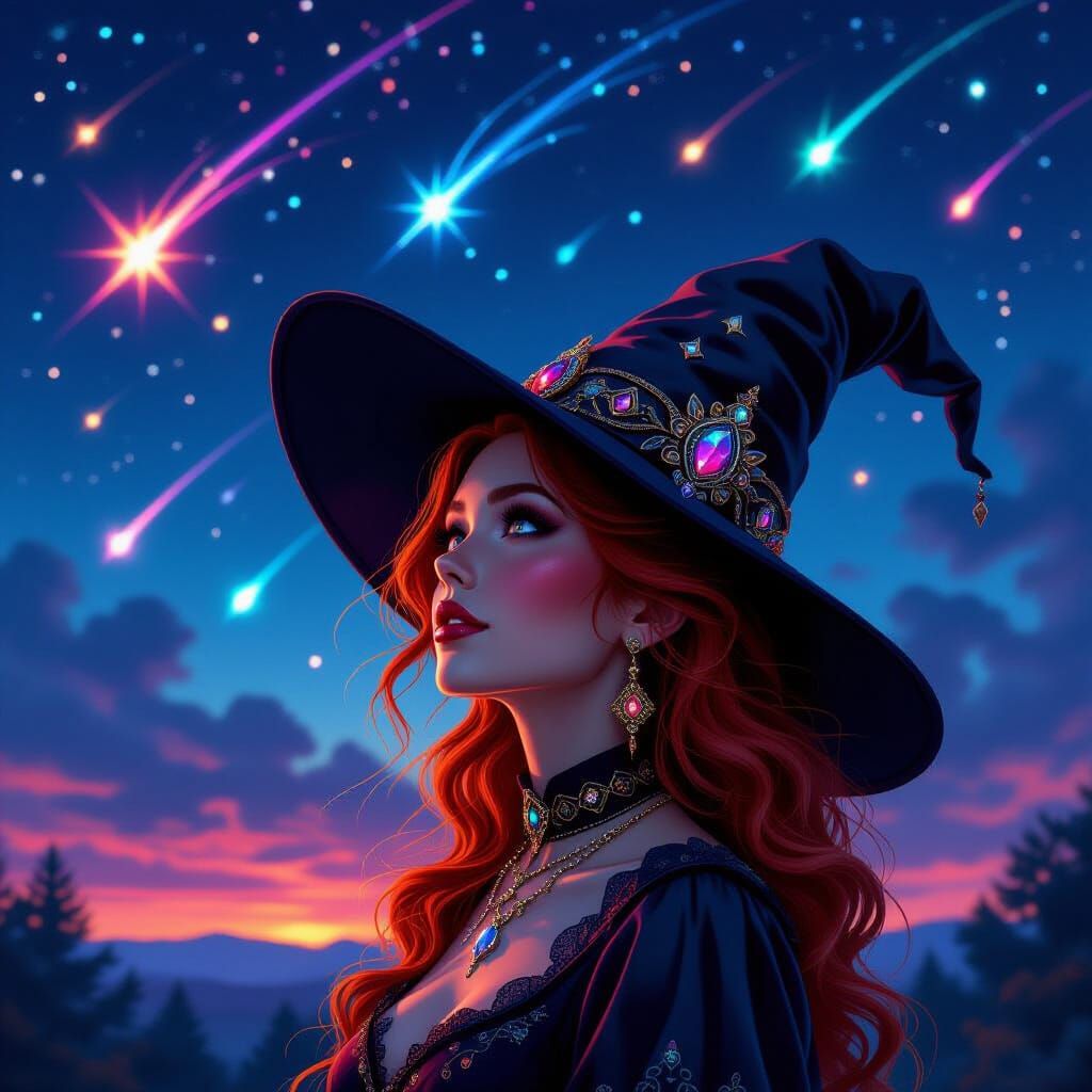 Redhead Witch Gazing at Swirling Starry Sky