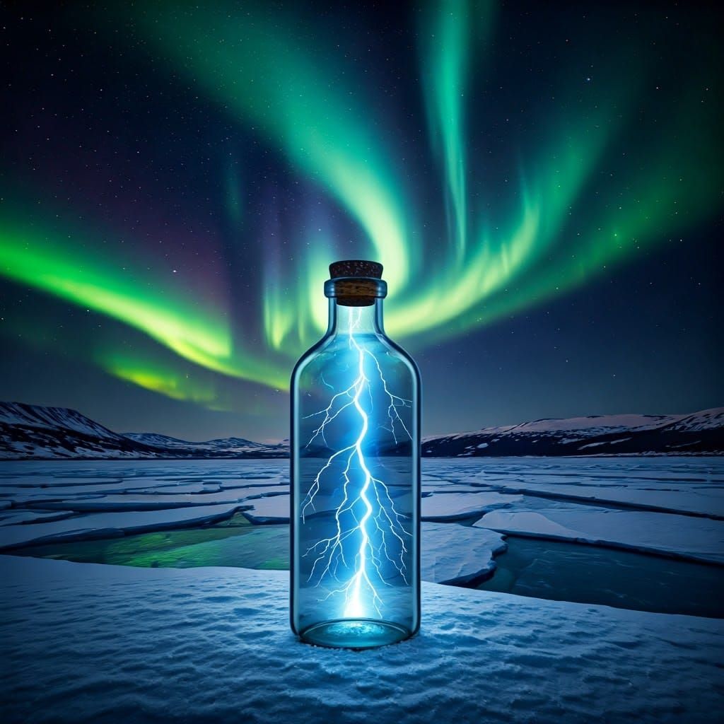 Surreal Glass Bottle Sits Serenely on Snowy Lake Edge Amidst...
