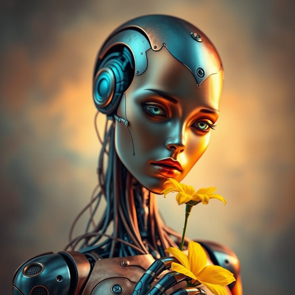 Surreal Robot Portrait with Feminine Features Holding a Yell...