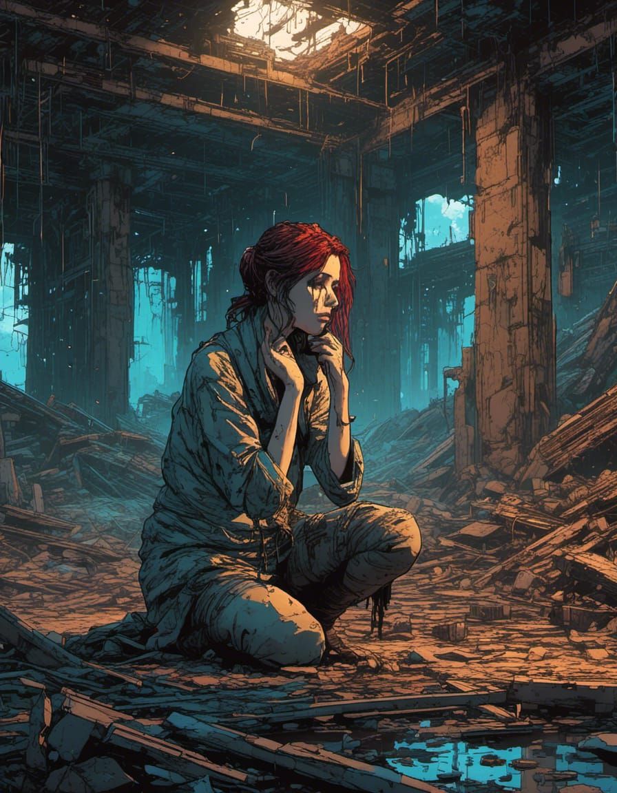 Cyborg Woman Cries in Ruined Cyberpunk Building