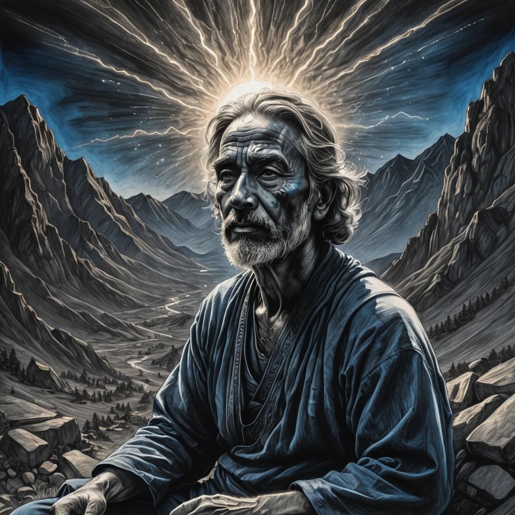 Mystical Guru: Laser from Third Eye, Charcoal Art