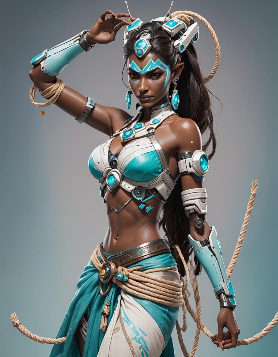 Indian Woman with Robotic Arm in Shibari Ropes