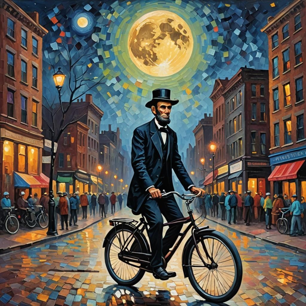 Lincoln's Moonlit Bike Ride: A Neo-Impressionist Painting