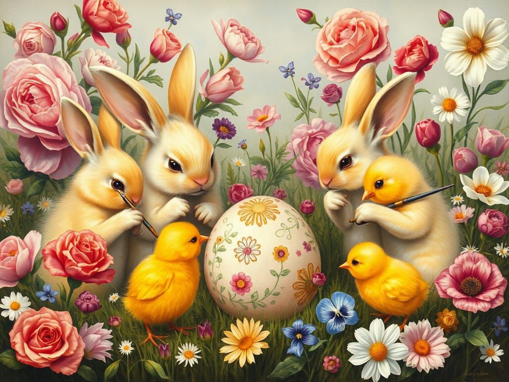 Easter Bunnies Painting Eggs in a Surrealist Meadow