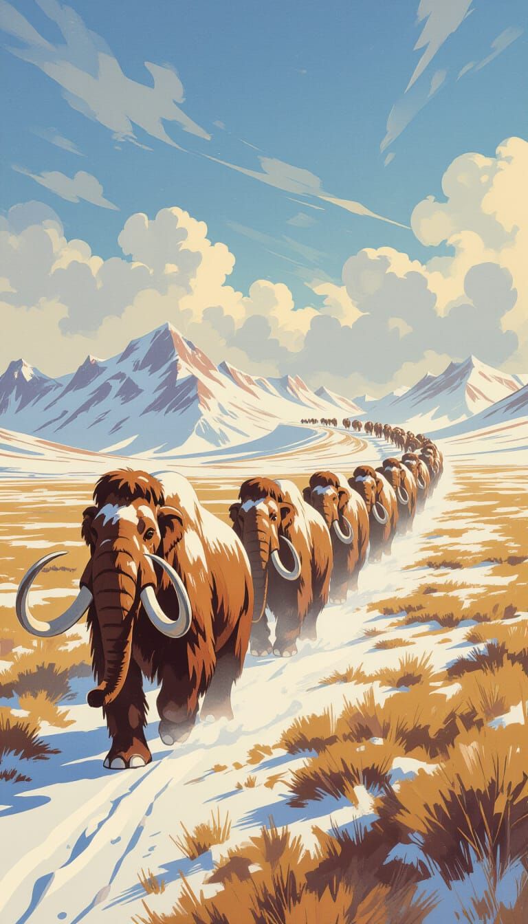 Woolly Mammoths Migrate Across Icy Plain