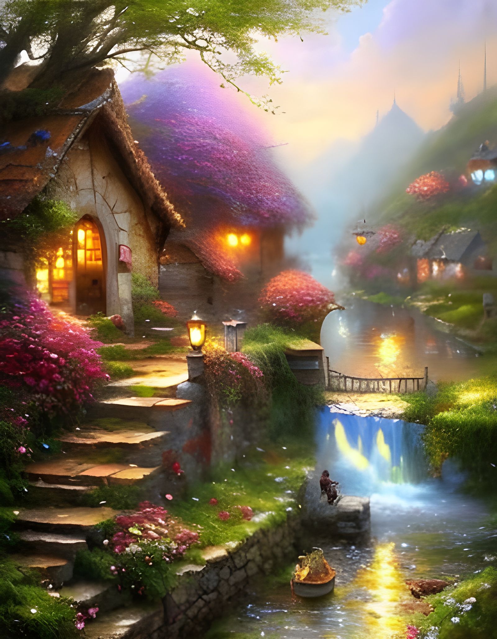 Magical Cottagecore Village with Flowers and Ornate Details