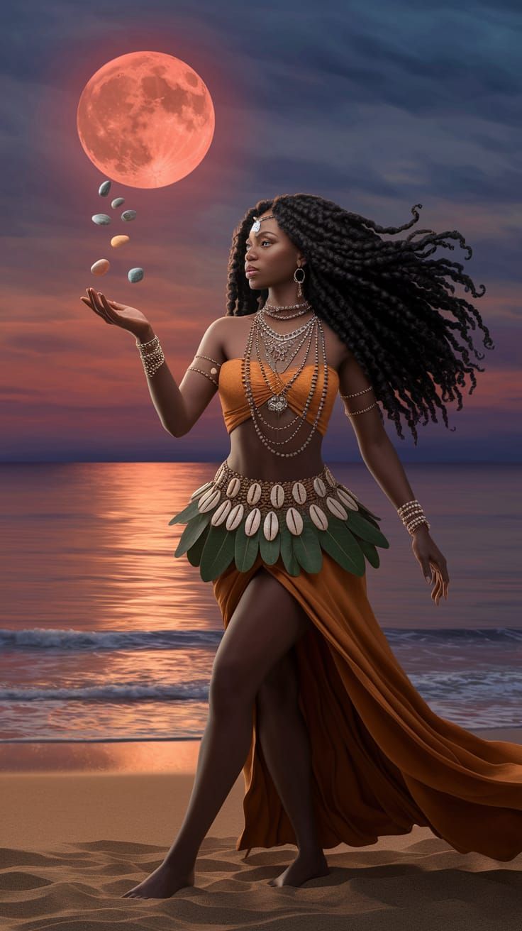 Mystical Beach Portrait of Woman with Red Moon