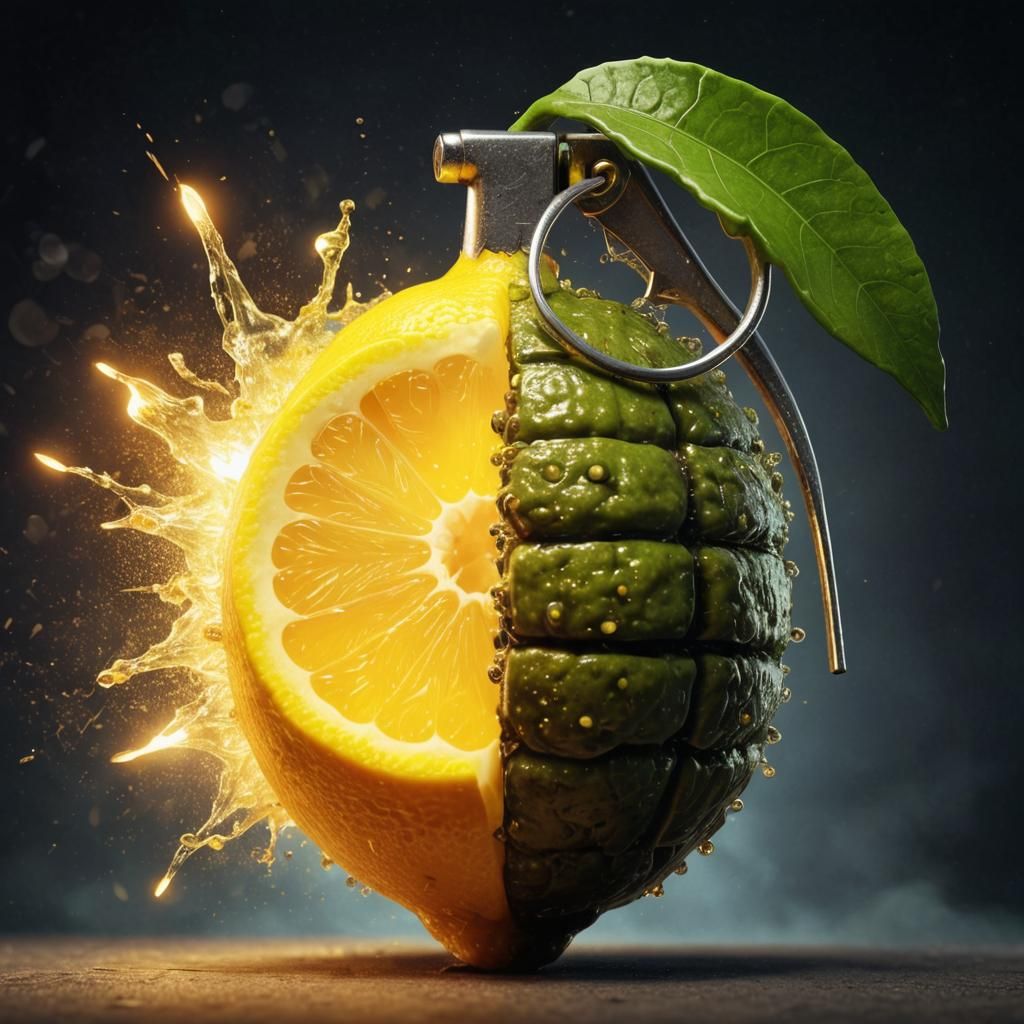 Surreal Lemon Grenade on the Brink of Explosion in Dark Art....