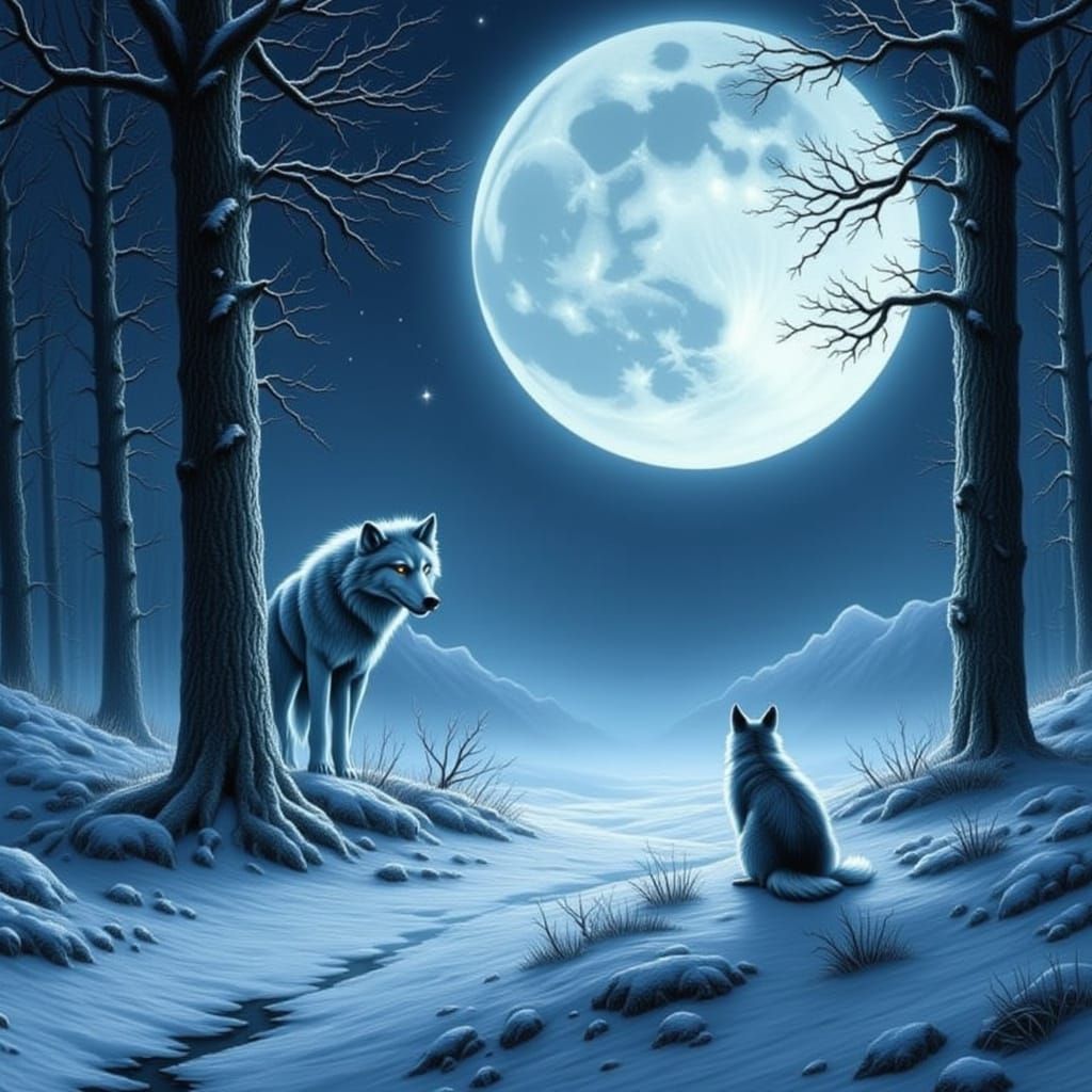 Winter Wolf Watching Moon with Unique Lighting