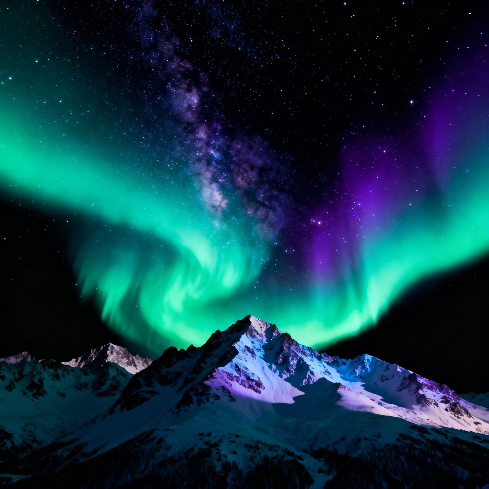 Northern Lights Over Snow-Capped Mountains Under Starry Sky