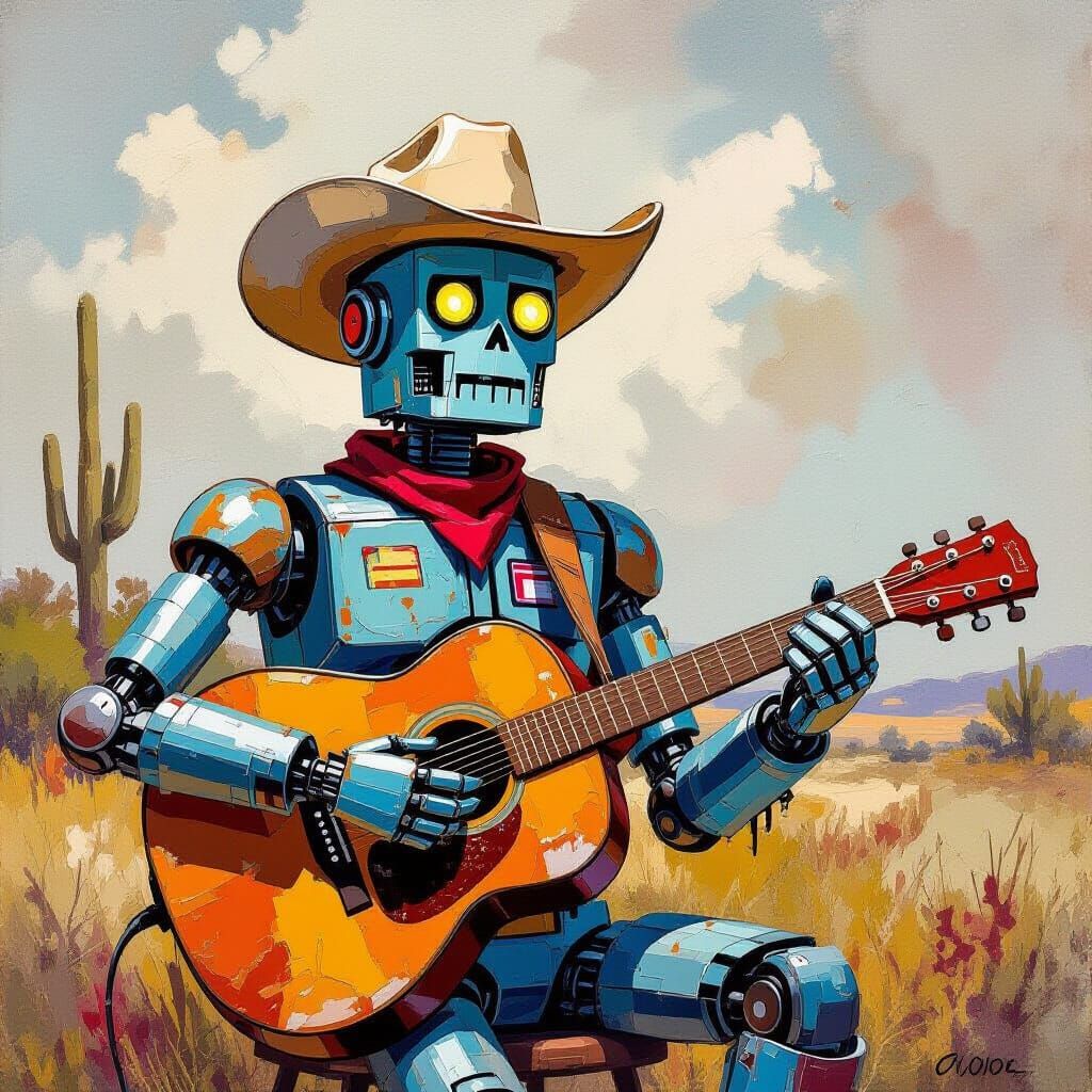 Sad Robot Cowboy Sings Melancholy Song in Gouache Style