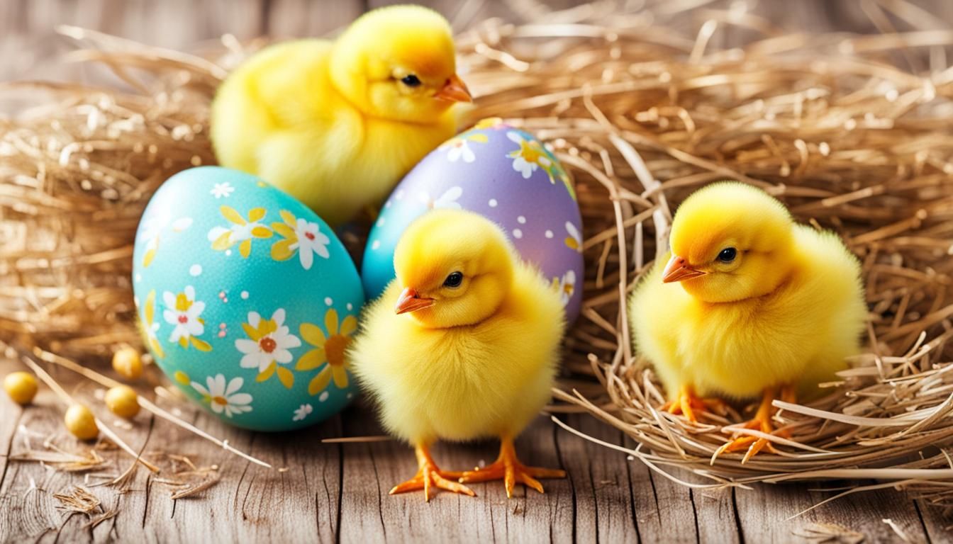 Easter Eggs and Yellow Chickens for Easter Card