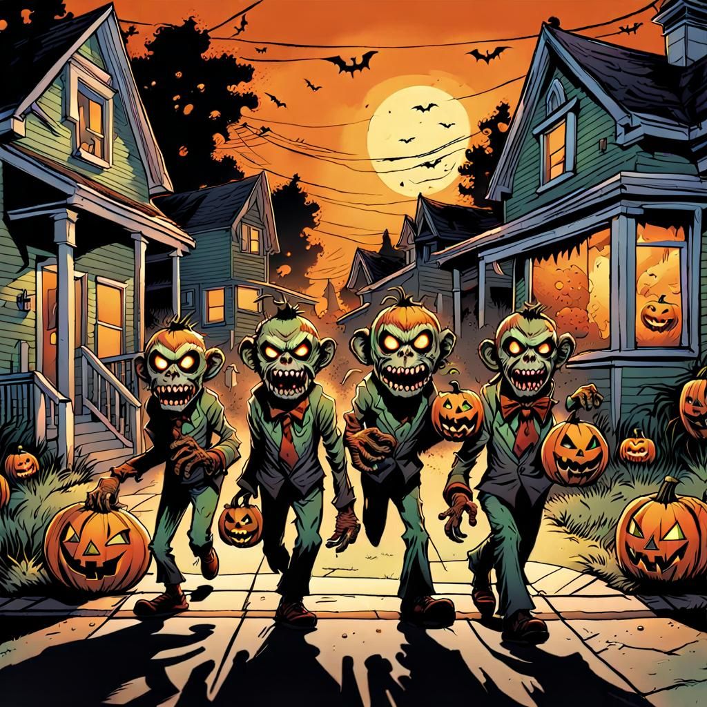 Zombie Monkey Clowns Trick-or-Treating: Horror Comic Art