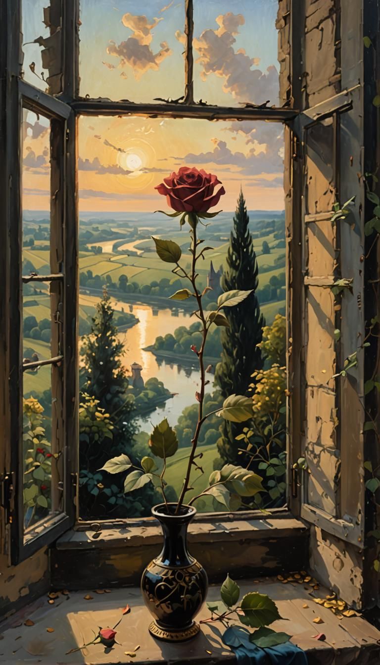 Black Rose in Castle Tower: Romantic Oil Painting
