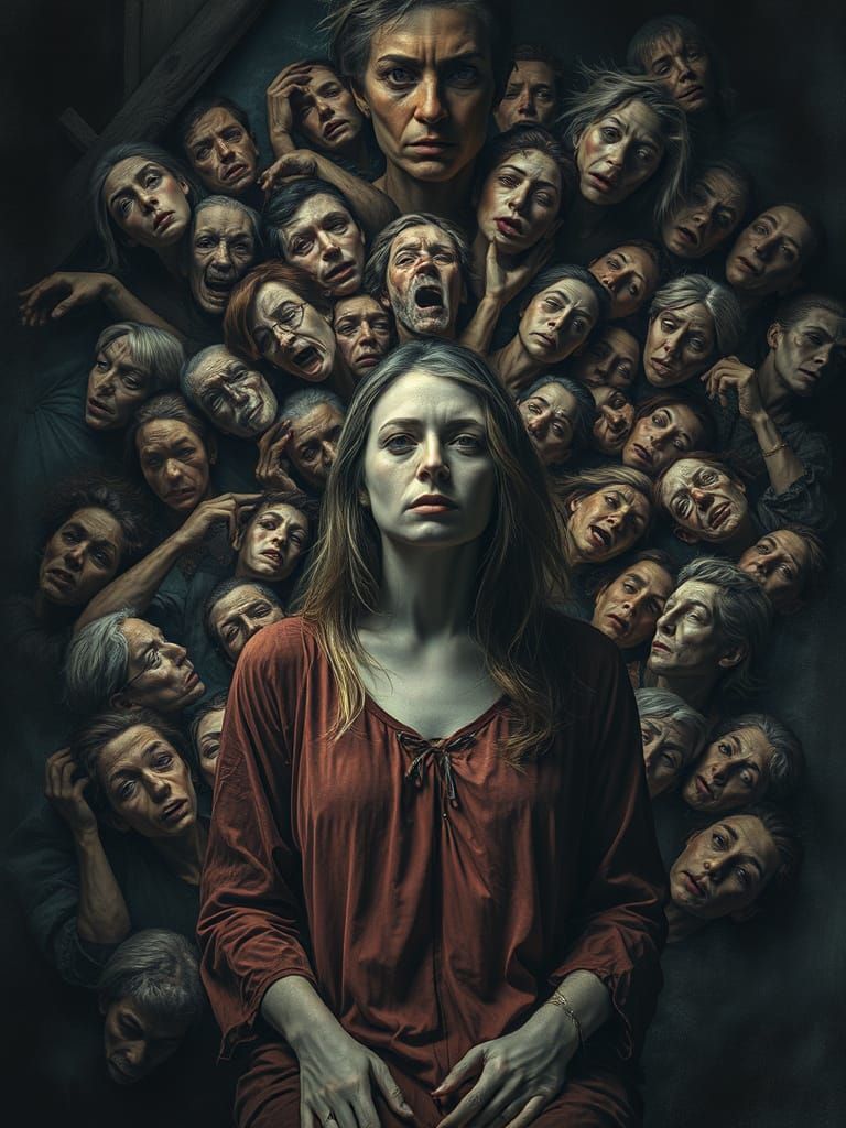 Woman Surrounded by Faces in a Norwegian Home, Dreamlike Atm...