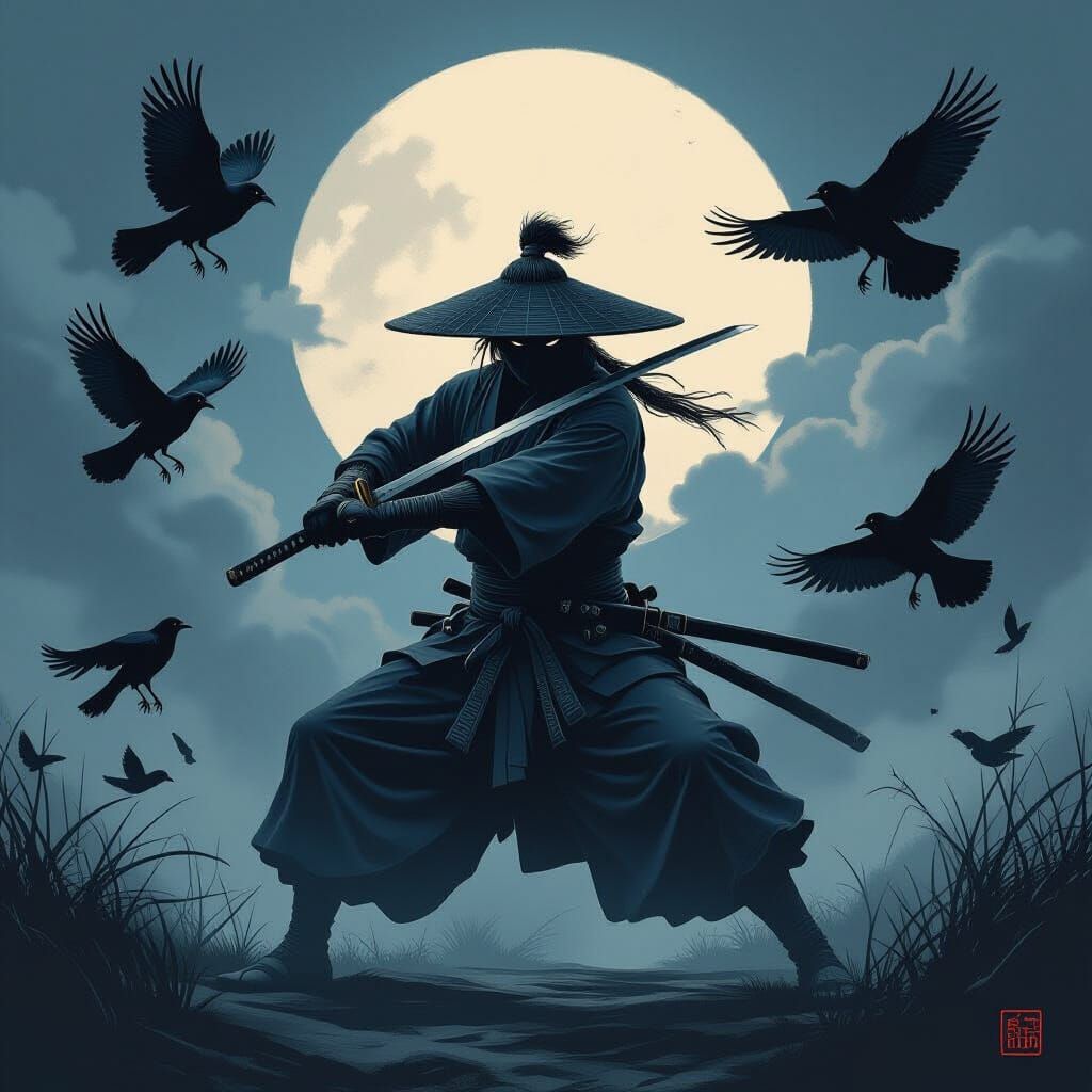 Ninja Kata with Ravens in Dark Art Style