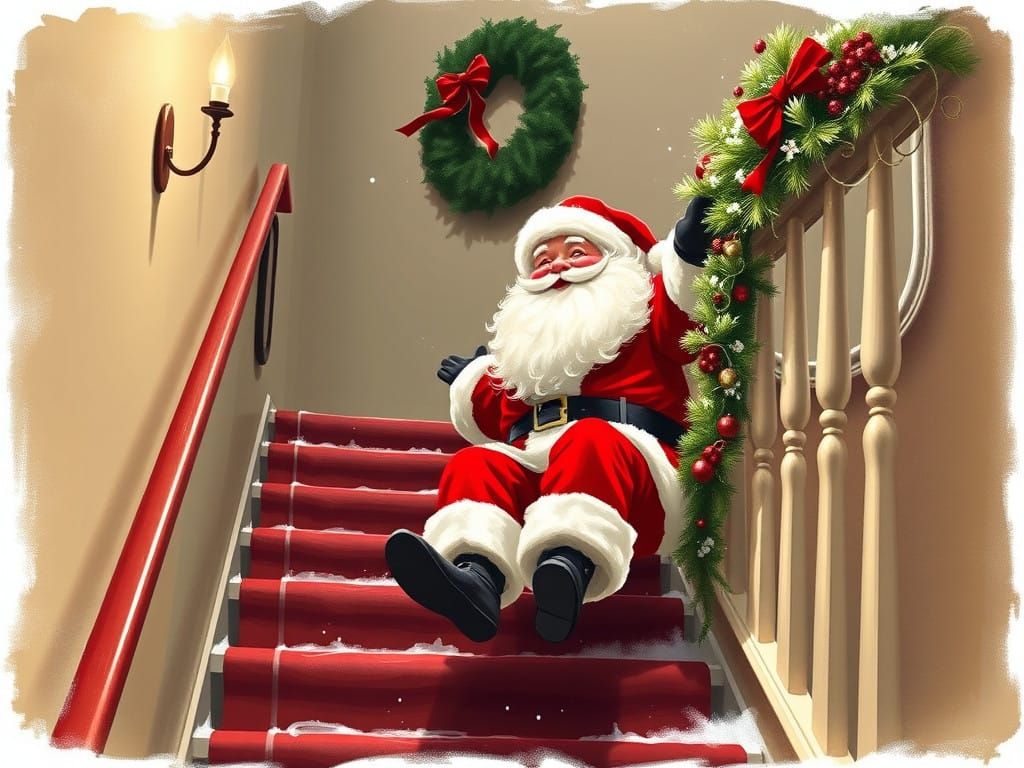 Jolly Santa Claus Dashes Down the Banister