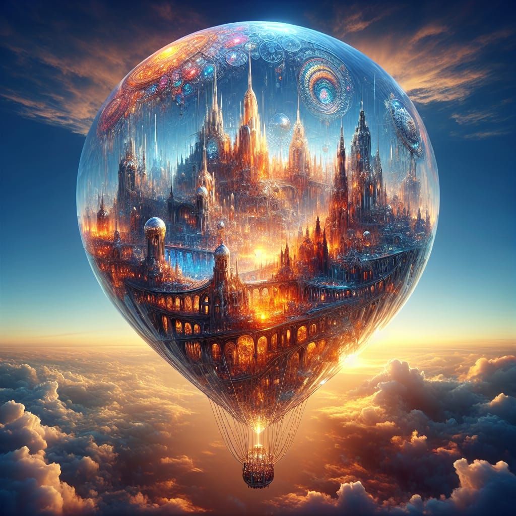 City in a Balloon: Hyperrealistic Aerial View