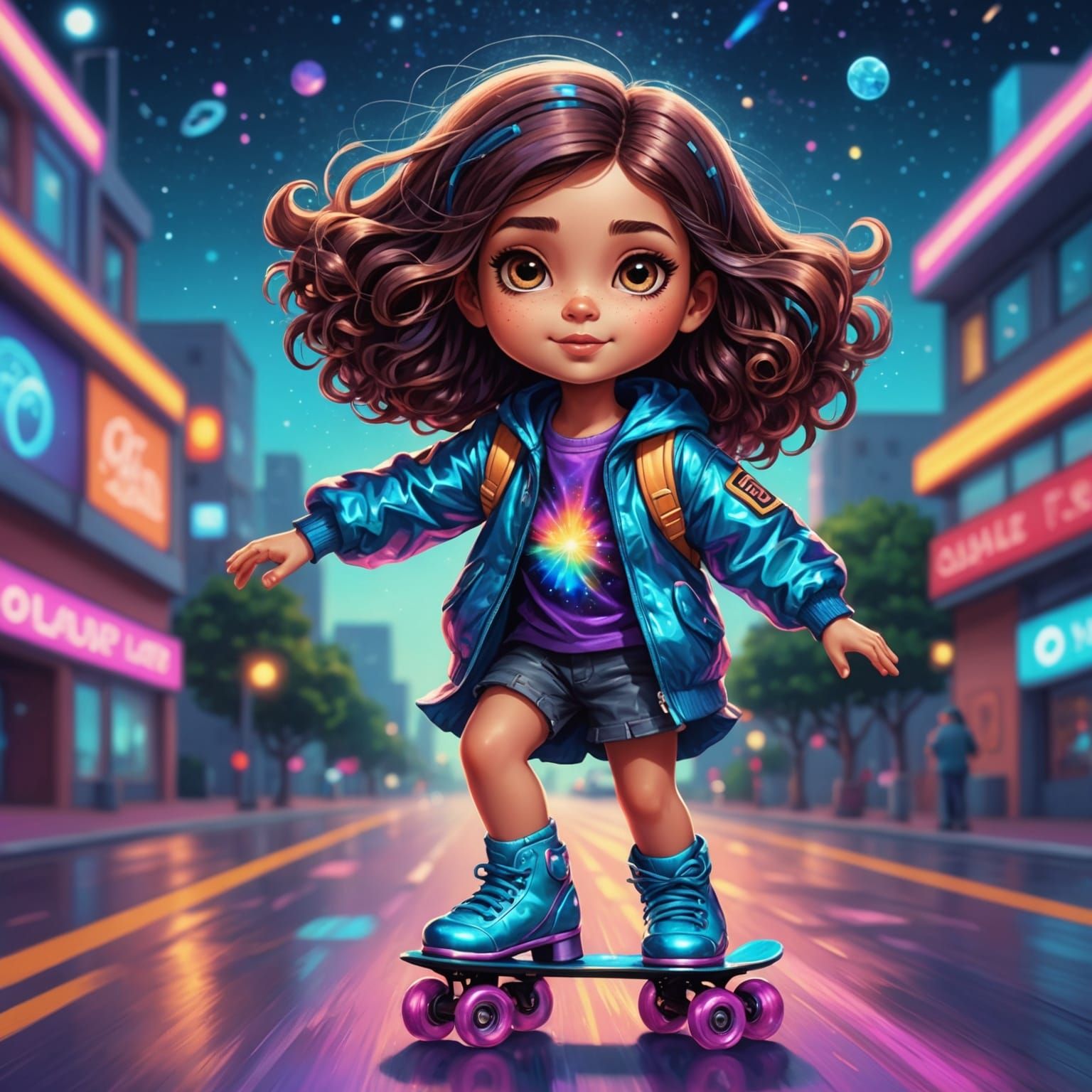 Chibi Brunette Roller Skater in Astral Cosmic Style