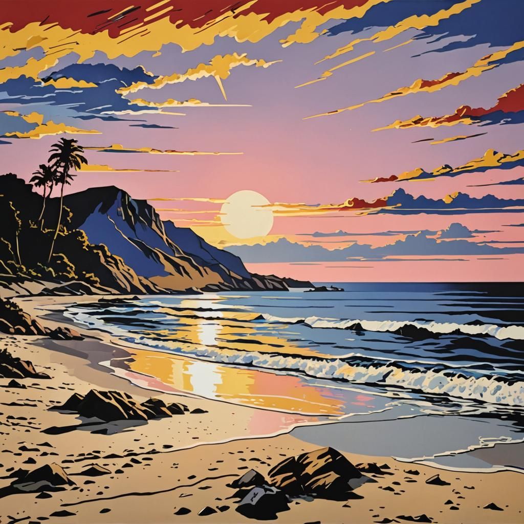 Vibrant Beach Sunset in Pop Art Style