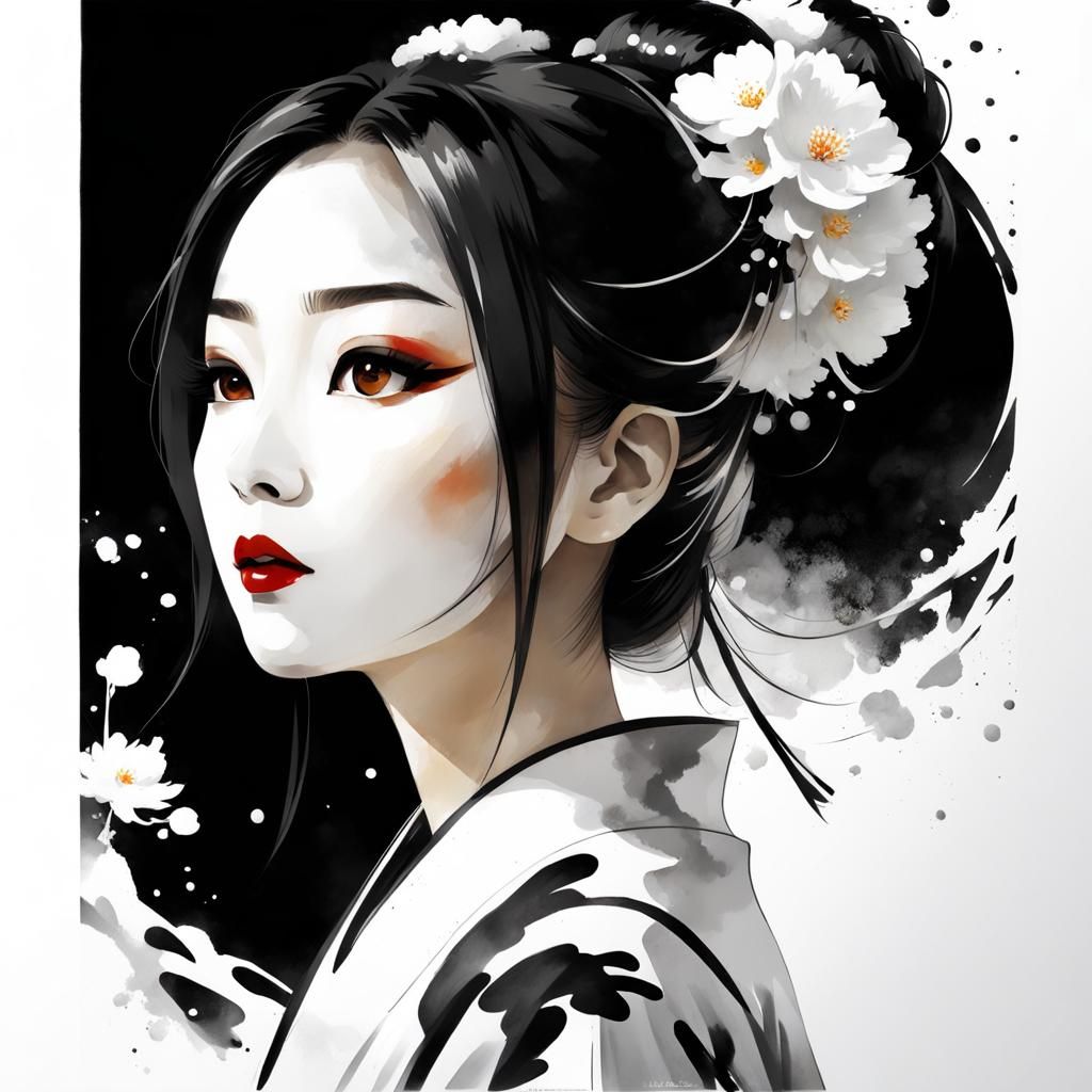 Geisha Portrait in Ink Fusion Style