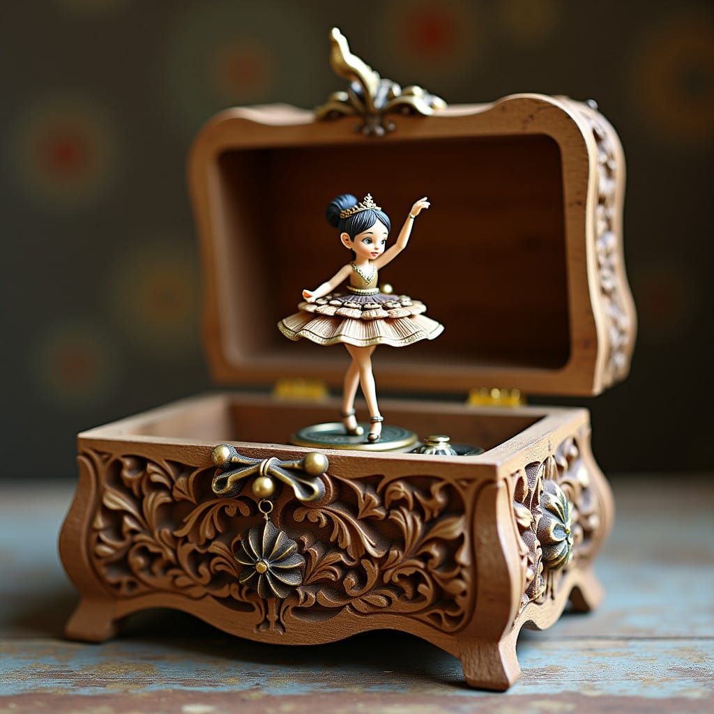 Whimsical Wooden Music Box in Rustic Art Nouveau Style