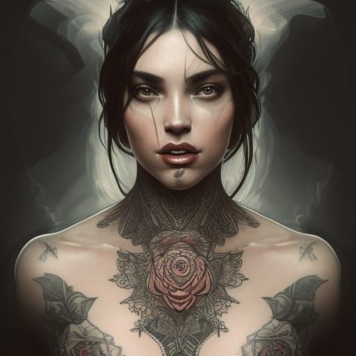 Tattooed Woman Portrait in Hyperdetailed Style